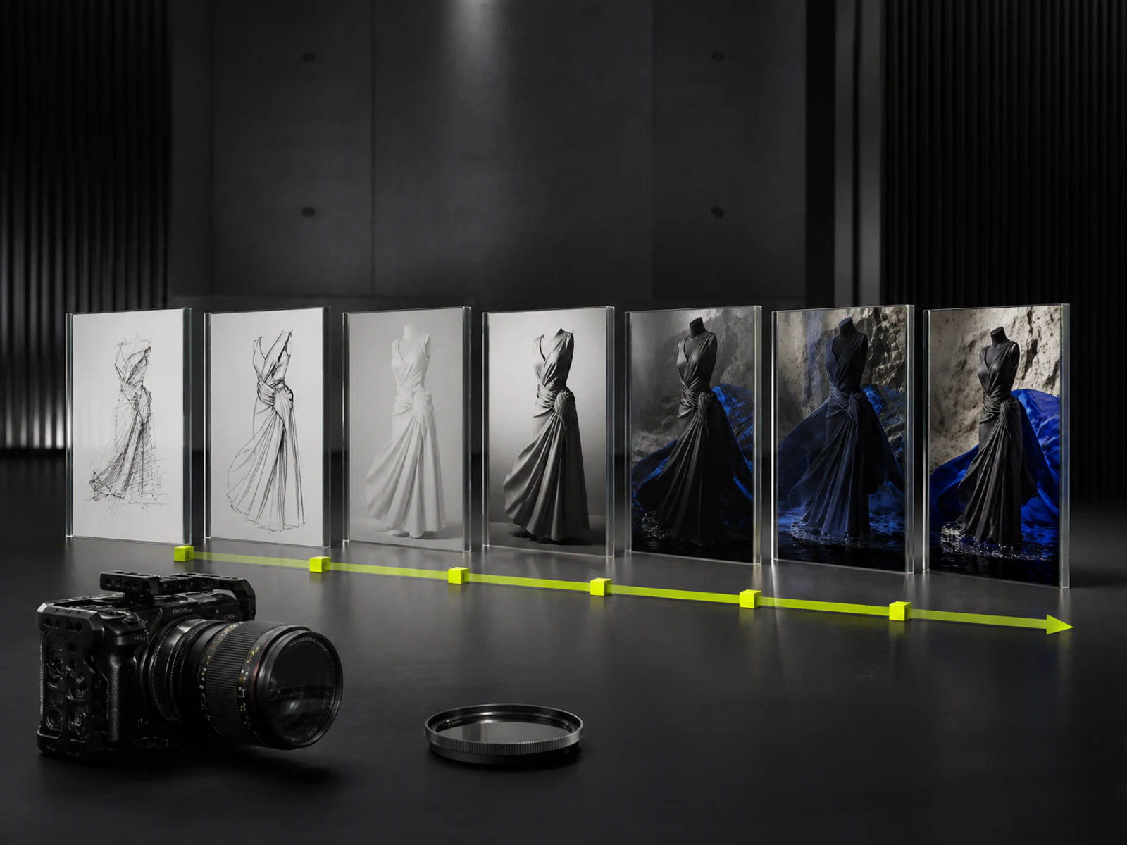 Последовательность fashion-кадров от раскадровки до готовой сцены